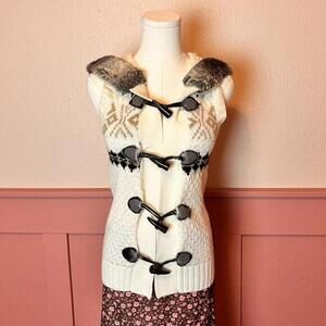 vtg knit faux fur sweater vest cardigan say what sz small wool acrylic mcbling